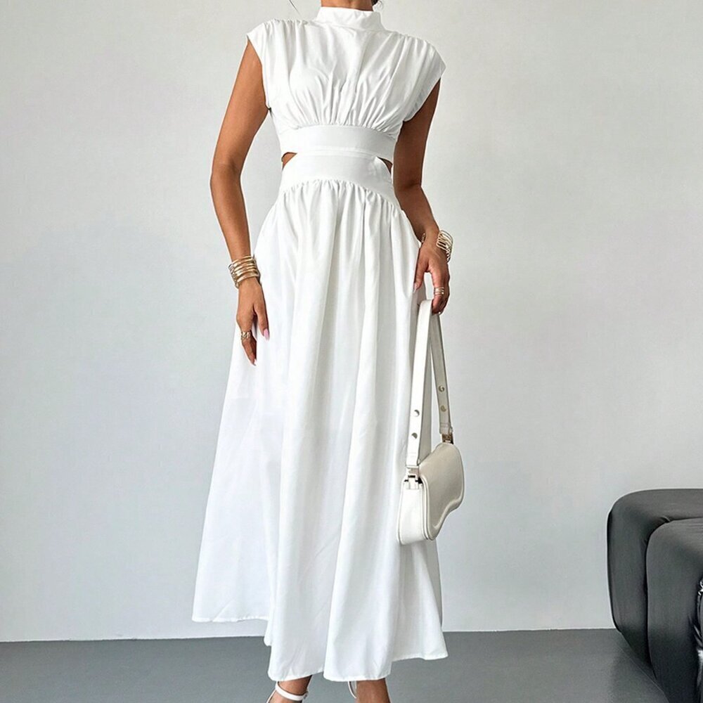 White Elegant Women's Hollow Pocket Cinched Waist Casual Midi Dress - Picture 6 of 7